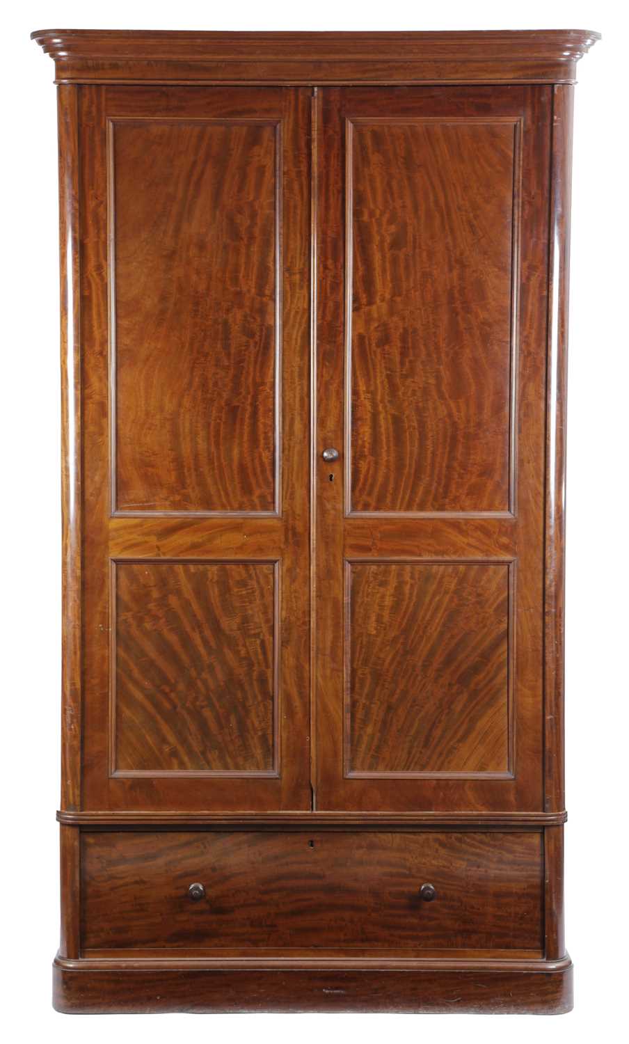 A MATCHED PAIR OF VICTORIAN MAHOGANY WARDROBES BY HOLLAND & SONS, C.1870-80 each with a moulded