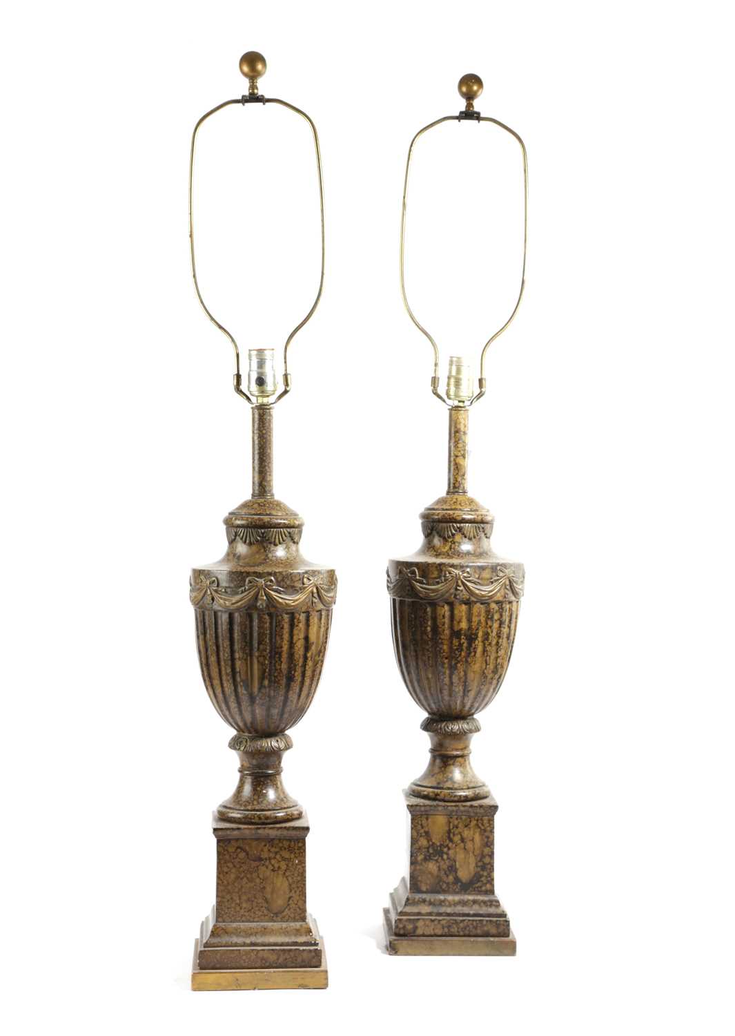 A PAIR OF COMPOSITE URN TABLE LAMPS IN CLASSICAL STYLE, 20TH CENTURY each with a band of anthemion