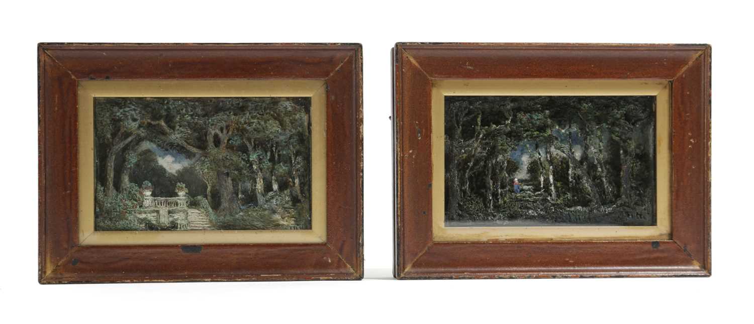 A PAIR OF MINIATURE VICTORIAN MINIATURE COMPOSITE DIORAMAS LATE 19TH CENTURY of an arcadian garden