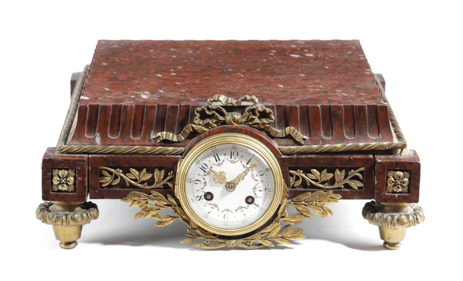 A FRENCH ROUGE GRIOTTE MARBLE AND GILT BRONZE PLINTH TIMEPIECE LATE 19TH CENTURY of square form, the