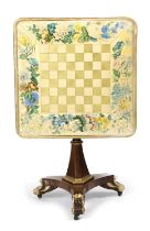 λ A REGENCY ROSEWOOD AND PARCEL-GILT FIRESCREEN CUM GAMES TABLE EARLY 19TH CENTURY the tilt-top with
