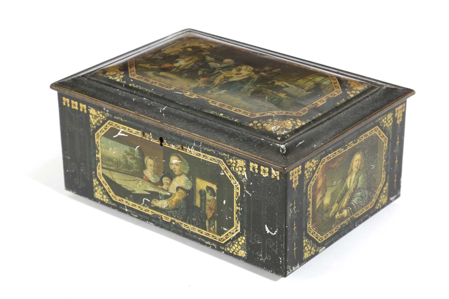 A TÔLE PEINTE BISCUIT OR DRESSING BOX PROBABLY FRENCH, LATE 19TH CENTURY printed with various Old