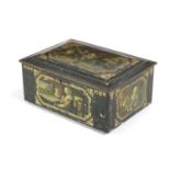 A TÔLE PEINTE BISCUIT OR DRESSING BOX PROBABLY FRENCH, LATE 19TH CENTURY printed with various Old