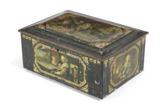 A TÔLE PEINTE BISCUIT OR DRESSING BOX PROBABLY FRENCH, LATE 19TH CENTURY printed with various Old