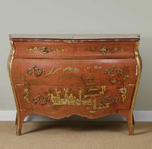 AN ITALIAN RED JAPANNED SERPENTINE BOMBE COMMODE IN ROCOCO STYLE, FLORENTINE, MID-20TH CENTURY