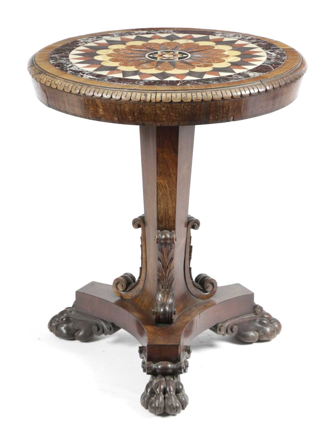 λ A WILLIAM IV ROSEWOOD MARBLE TOP OCCASIONAL TABLE C.1835 the circular top inset with an Italian