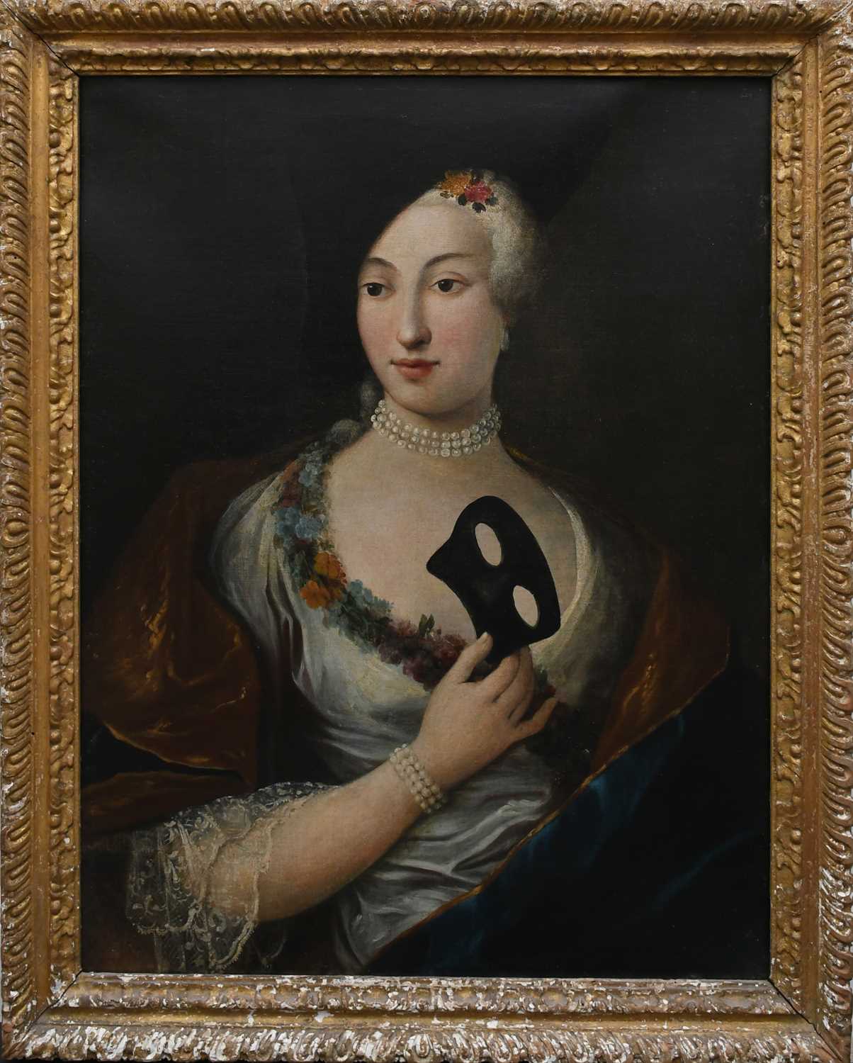 VENETIAN SCHOOL 18TH CENTURY Portrait of a lady, half-length, holding a black mask and wearing a - Image 2 of 10