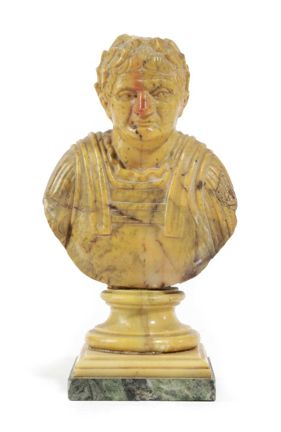 AN ITALIAN GIALLO ANTICO GRAND TOUR BUST OF THE ROMAN EMPEROR VESPASIAN LATE 18TH / EARLY 19TH