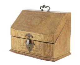 AN ITALIAN BROWN LEATHER STATIONERY BOX LATE 19TH / EARLY 20TH CENTURY with all over gilt tooled