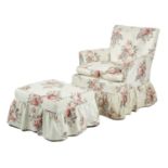 A MODERN ARMCHAIR AND STOOL 20TH CENTURY with Colefax & Fowler chintz loose covers (2) Provenance