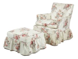 A MODERN ARMCHAIR AND STOOL 20TH CENTURY with Colefax & Fowler chintz loose covers (2) Provenance