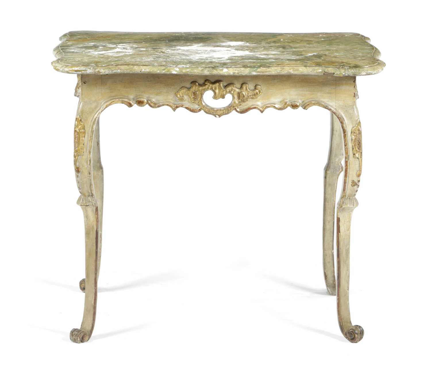 AN ITALIAN PAINTED AND PARCEL GILT SIDE TABLE VENETIAN, 18TH CENTURY AND LATER with a faux marble - Image 2 of 4