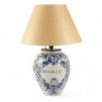 A DELFT POTTERY TOBACCO OR APOTHECARY JAR TABLE LAMP LATE 18TH CENTURY titled 'Brasille' in blue