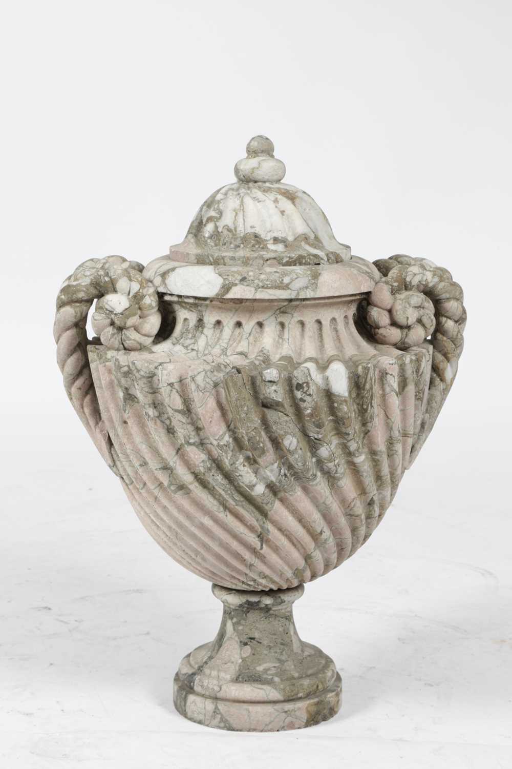 A FRENCH PINK AND GREY VEINED MARBLE URN 18TH CENTURY the wrythen domed cover above a pair of rope- - Image 10 of 10