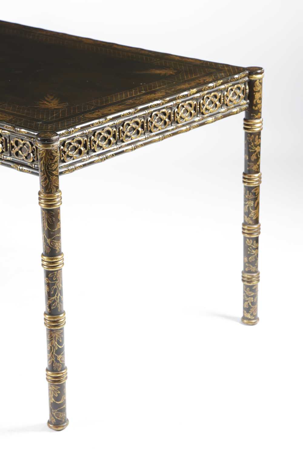 A BLACK JAPANNED WRITING TABLE IN REGENCY STYLE, AMERICAN, MID-20TH CENTURY with parcel gilt - Image 2 of 3
