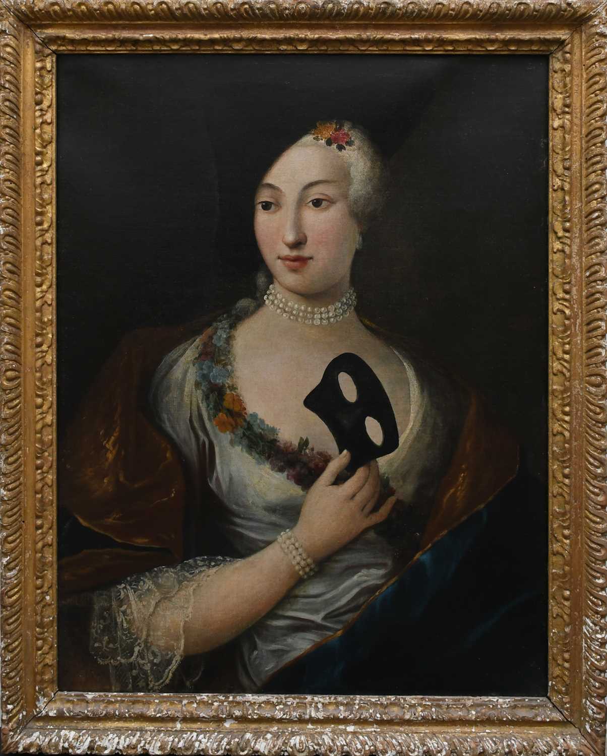 VENETIAN SCHOOL 18TH CENTURY Portrait of a lady, half-length, holding a black mask and wearing a - Image 3 of 10