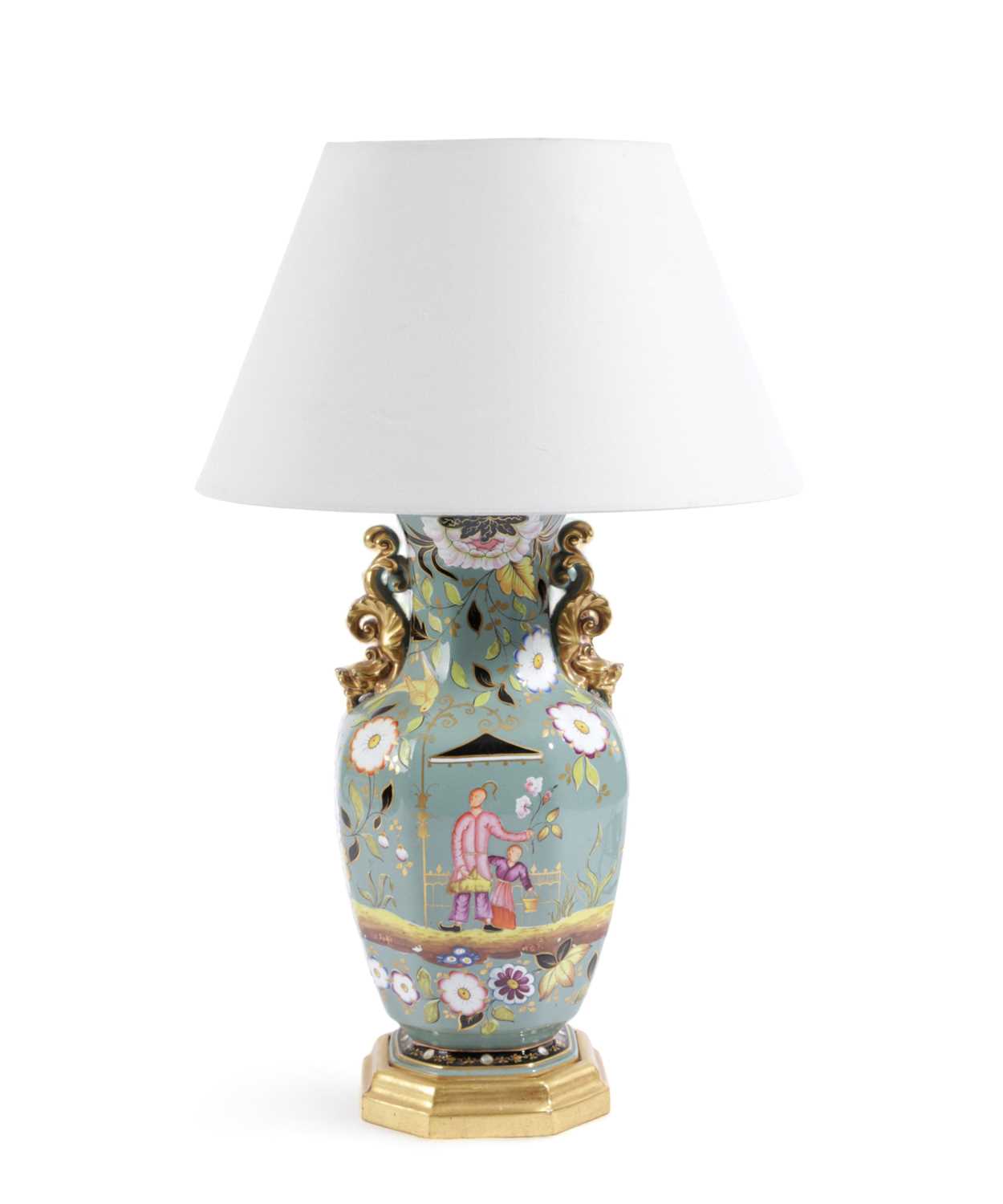A MASON'S IRONSTONE VASE TABLE LAMP 19TH CENTURY of baluster form, well decorated in chinoiserie