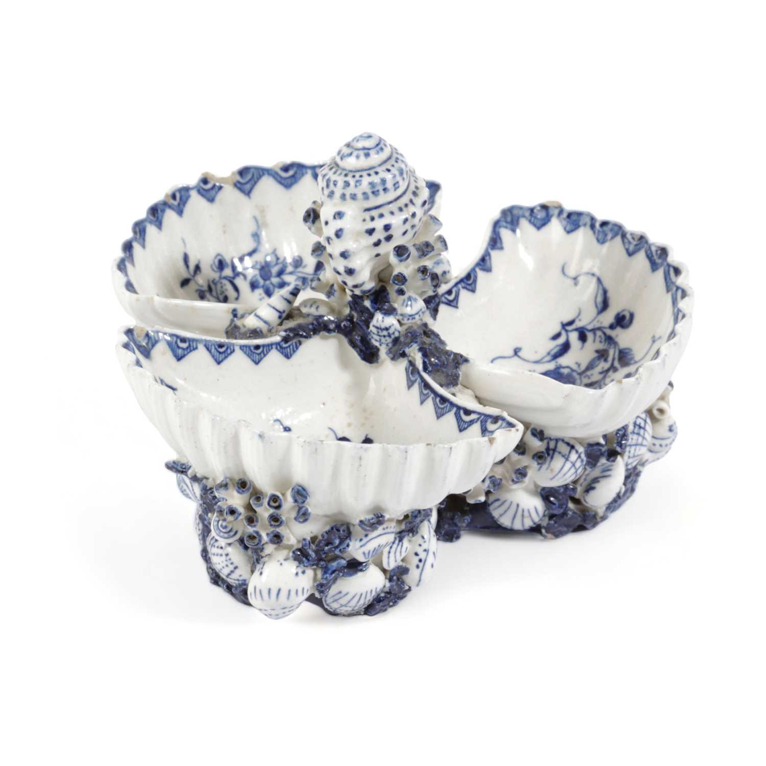 A BOW PORCELAIN BLUE AND WHITE SWEETMEAT STAND C.1760 formed of three scallop shells painted with