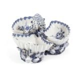 A BOW PORCELAIN BLUE AND WHITE SWEETMEAT STAND C.1760 formed of three scallop shells painted with