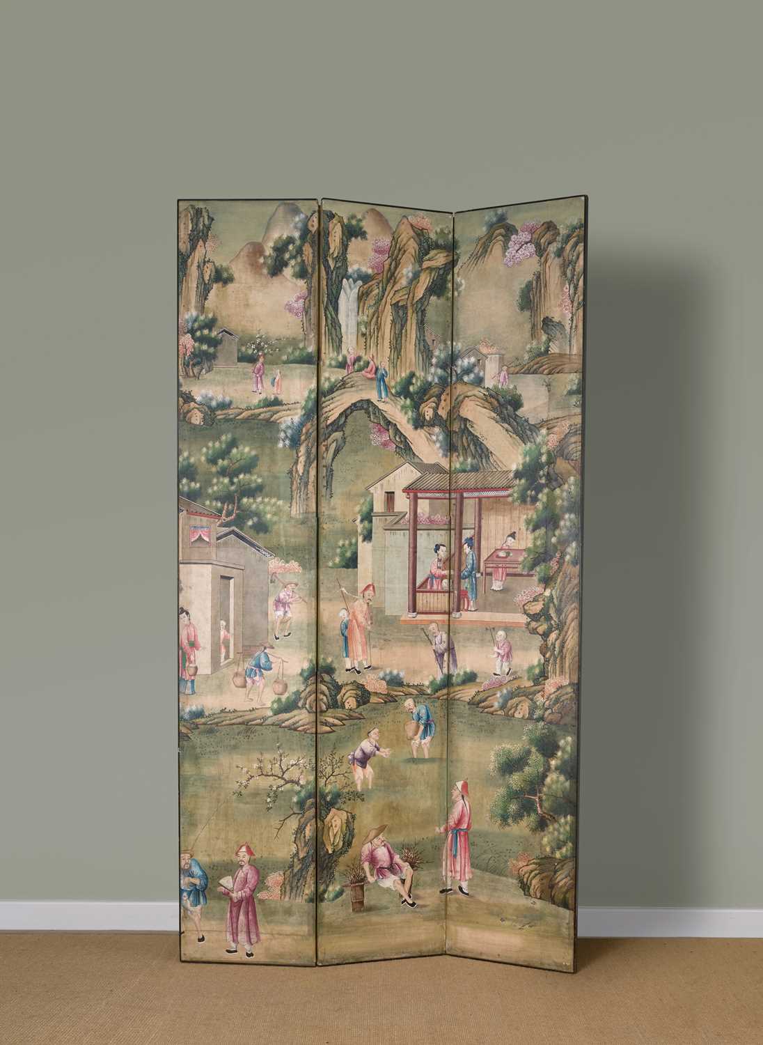 A CHINESE EXPORT PAINTED WALLPAPER THREE-FOLD SCREEN LATE 18TH / EARLY 19TH CENTURY decorated with - Image 2 of 4