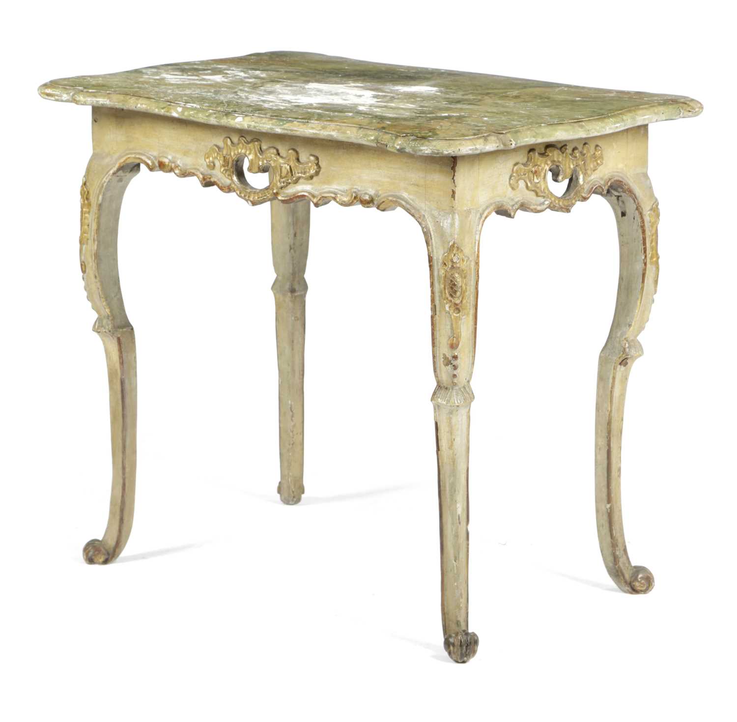 AN ITALIAN PAINTED AND PARCEL GILT SIDE TABLE VENETIAN, 18TH CENTURY AND LATER with a faux marble - Image 3 of 4