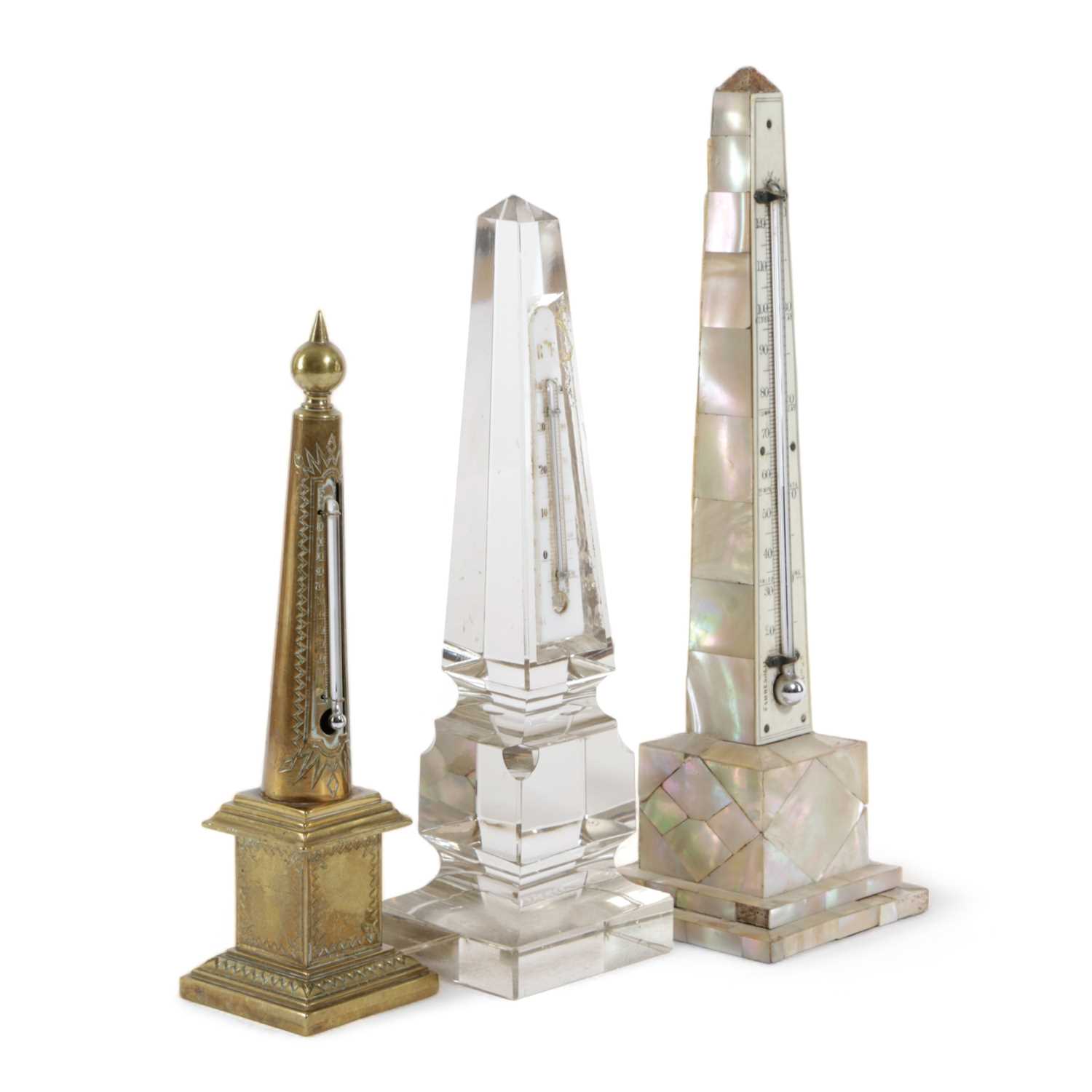 THREE OBELISK DESK THERMOMETERS 19TH CENTURY in brass, glass and mother of pearl, one with an