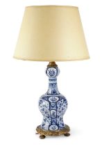 A DUTCH DELFT POTTERY BLUE AND WHITE VASE TABLE LAMP 18TH CENTURY AND LATER decorated with panels of