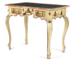 AN ITALIAN PAINTED AND LACCA POVERA SIDE TABLE IN ROCOCO STYLE, 19TH CENTURY decorated with ladies