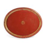 AN EARLY VICTORIAN RED TÔLE PEINTE OVAL TRAY with gilt decoration 48.5 x 61cm Provenance Parker &