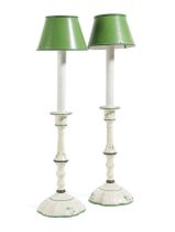 A PAIR OF PAINTED WOOD AND COMPOSITION CANDLESTICK TABLE LAMPS POSSIBLY BY COLEFAX & FOWLER,