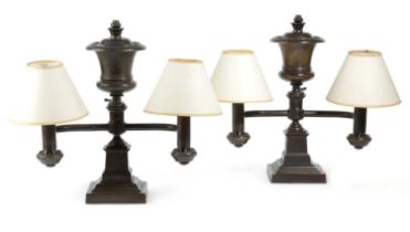 A RARE PAIR OF WILLIAM IV AMERICAN BRONZE TWIN-LIGHT ARGAND LAMPS BY HENRY N. HOOPER, BOSTON, C.1835