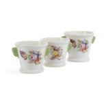 THREE PEARLWARE POTTERY CACHEPOTS OR JARDINIÈRES 19TH CENTURY painted with polychrome flower