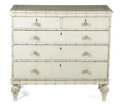 A FAUX BAMBOO PAINTED PINE CHEST DECORATED BY COLEFAX & FOWLER, EARLY 19TH CENTURY AND LATER of