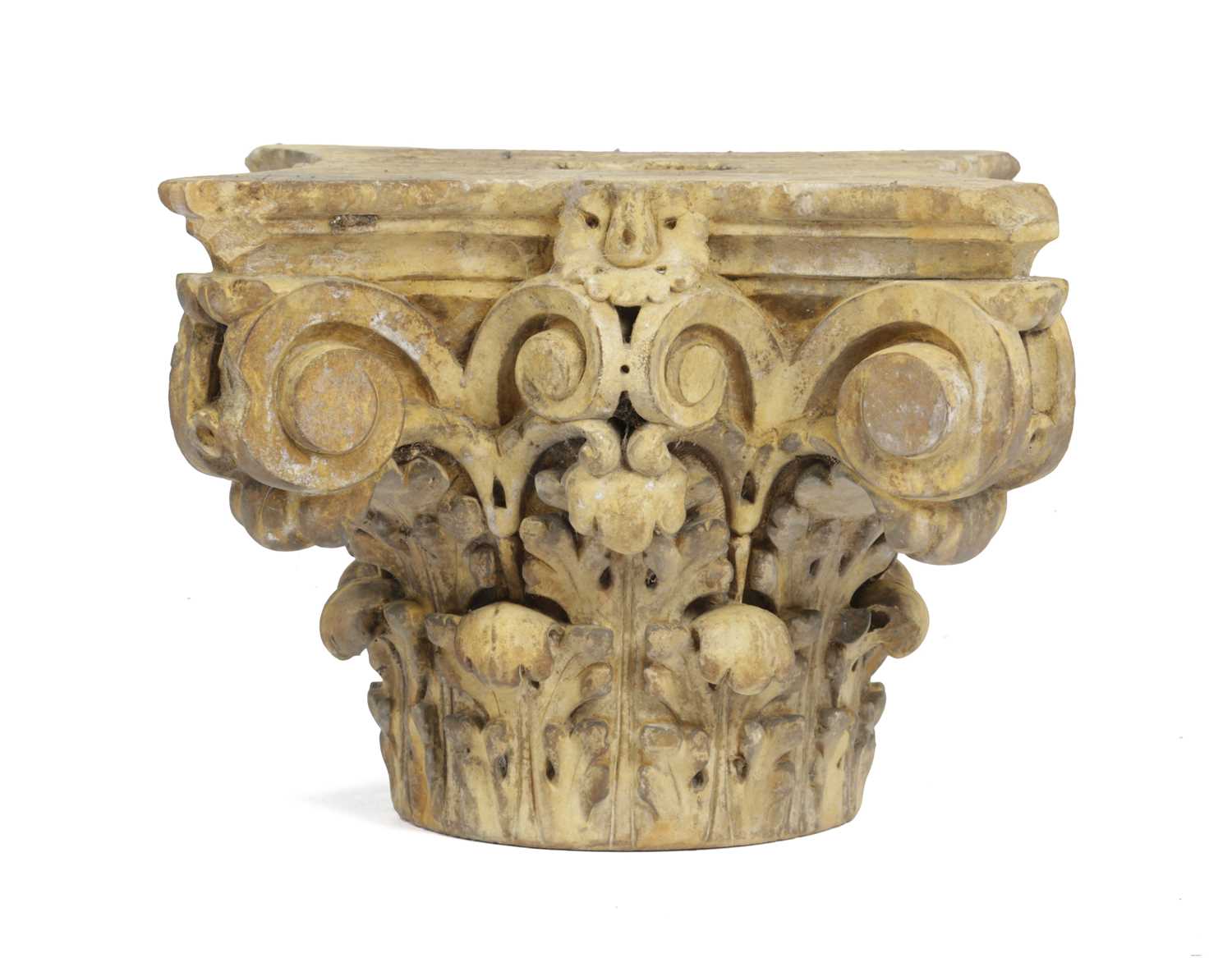 A TERRACOTTA AND COMPOSITION CORINTHIAN CAPITAL IN THE MANNER OF COADE STONE, 19TH CENTURY decorated