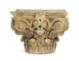 A TERRACOTTA AND COMPOSITION CORINTHIAN CAPITAL IN THE MANNER OF COADE STONE, 19TH CENTURY decorated