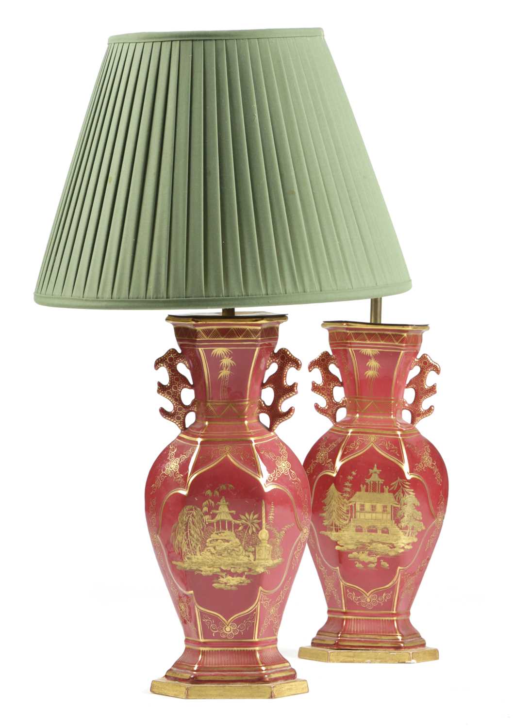 A PAIR OF POTTERY CHINOISERIE TABLE LAMPS IN MASON'S STYLE, 20TH CENTURY each decorated in gilt on a
