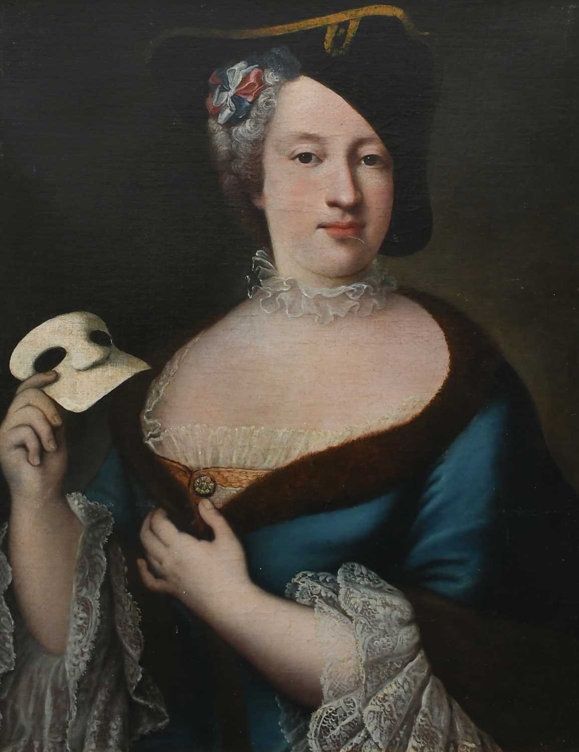 VENETIAN SCHOOL 18TH CENTURY Portrait of a lady, half-length, holding a black mask and wearing a - Image 8 of 10