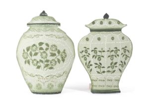 TWO TÔLE PEINTE VASE SHAPED LAMP HOLDERS IN THE MANNER OF COLEFAX & FOWLER, LATE 20TH CENTURY each
