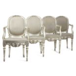 A SET OF FOUR ITALIAN PAINTED AND SILVERED ARMCHAIRS IN 18TH CENTURY STYLE, FLORENTINE, 20TH CENTURY
