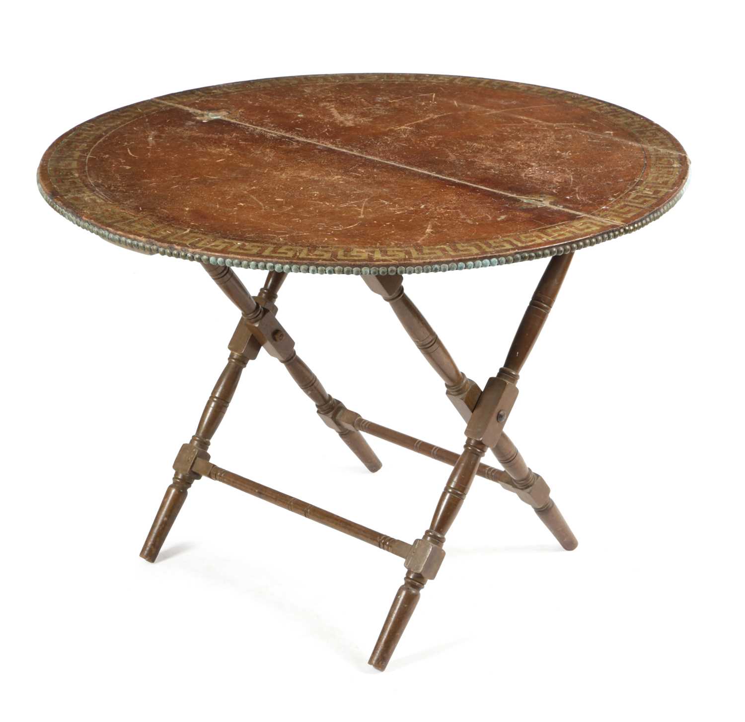 A WALNUT COACHING GAMES TABLE LATE 19TH / EARLY 20TH CENTURY the leather top with a gilt tooled