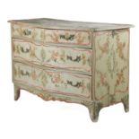 A CONTINENTAL PAINTED PINE SERPENTINE COMMODE FRENCH OR ITALIAN, LATE 18TH CENTURY naively painted