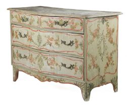 A CONTINENTAL PAINTED PINE SERPENTINE COMMODE FRENCH OR ITALIAN, LATE 18TH CENTURY naively painted