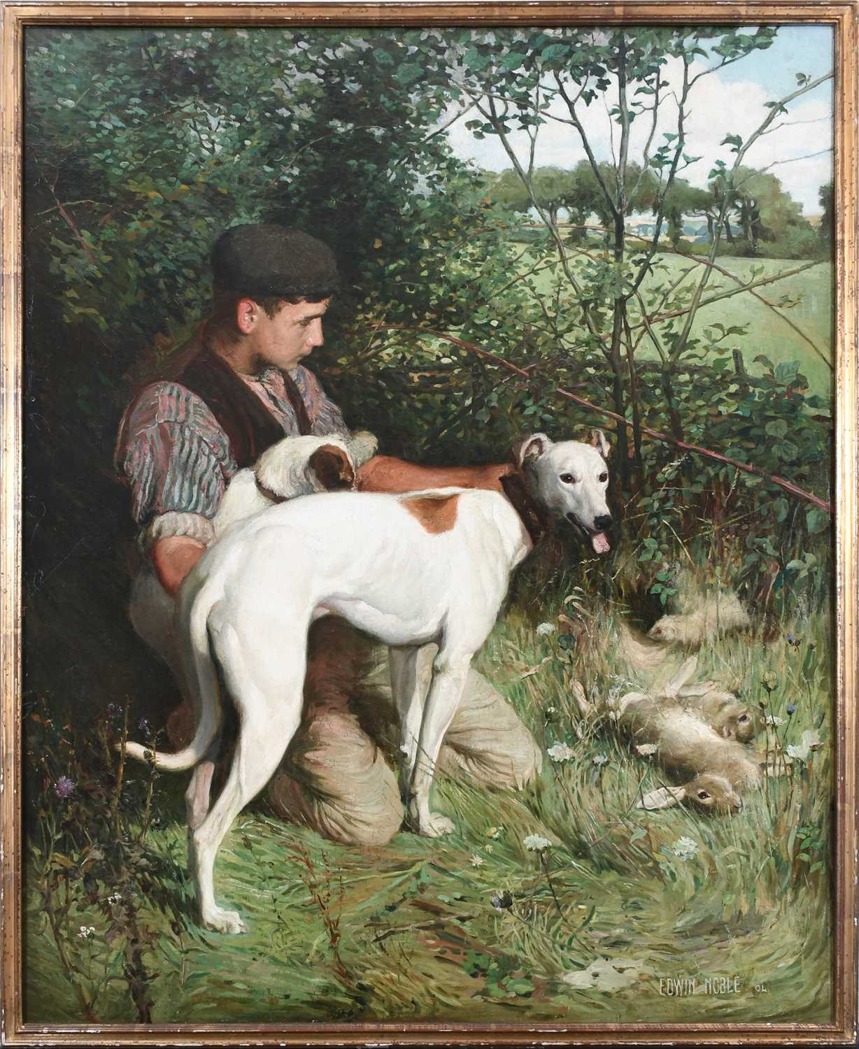 Φ JOHN EDWIN NOBLE (1876-1961) A young man with a lurcher and a terrier in a landscape Signed and - Image 4 of 4