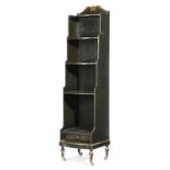 A GREEN PAINTED WATERFALL OPEN BOOKCASE IN REGENCY STYLE, 19TH CENTURY with parcel gilt