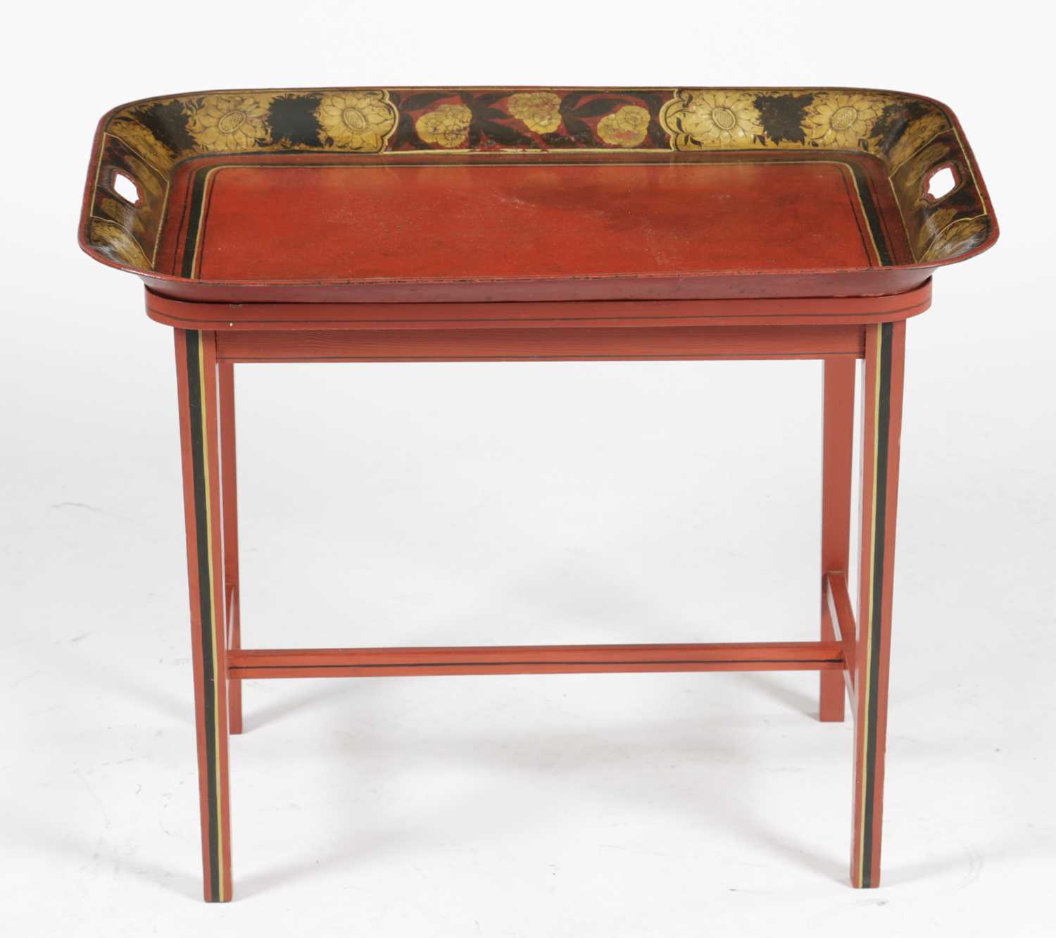 A REGENCY RED TÔLE PEINTE TRAY TABLE EARLY 19TH CENTURY AND LATER painted with a band of flowers and - Image 3 of 3