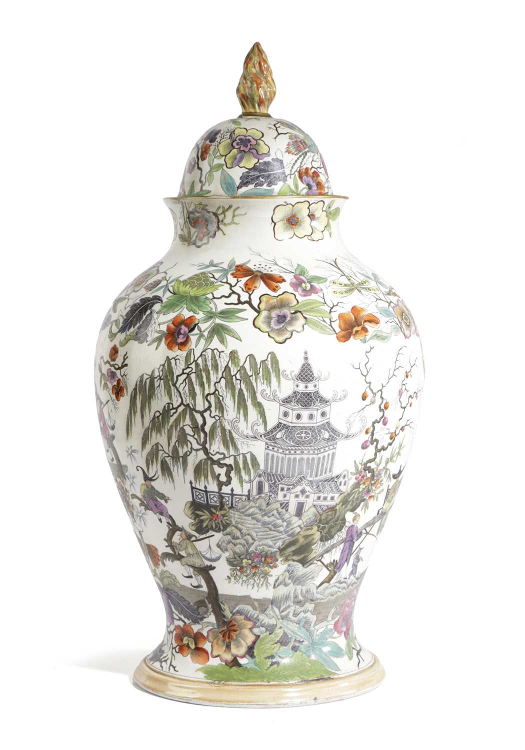 A LARGE STONE CHINA VASE AND COVER 19TH CENTURY printed and hand-coloured with chinoiserie scenes - Image 2 of 3