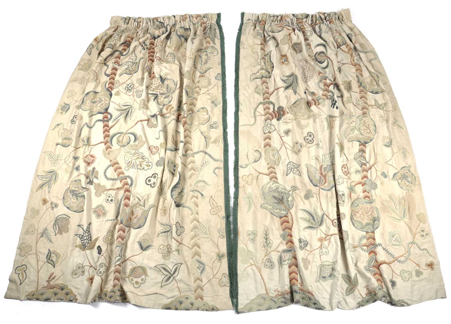 TWO PAIRS OF CREWEL WORK CURTAINS FIRST HALF 20TH CENTURY worked in wool with trees, birds, - Image 2 of 5