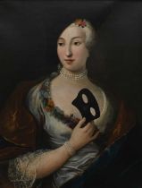 VENETIAN SCHOOL 18TH CENTURY Portrait of a lady, half-length, holding a black mask and wearing a