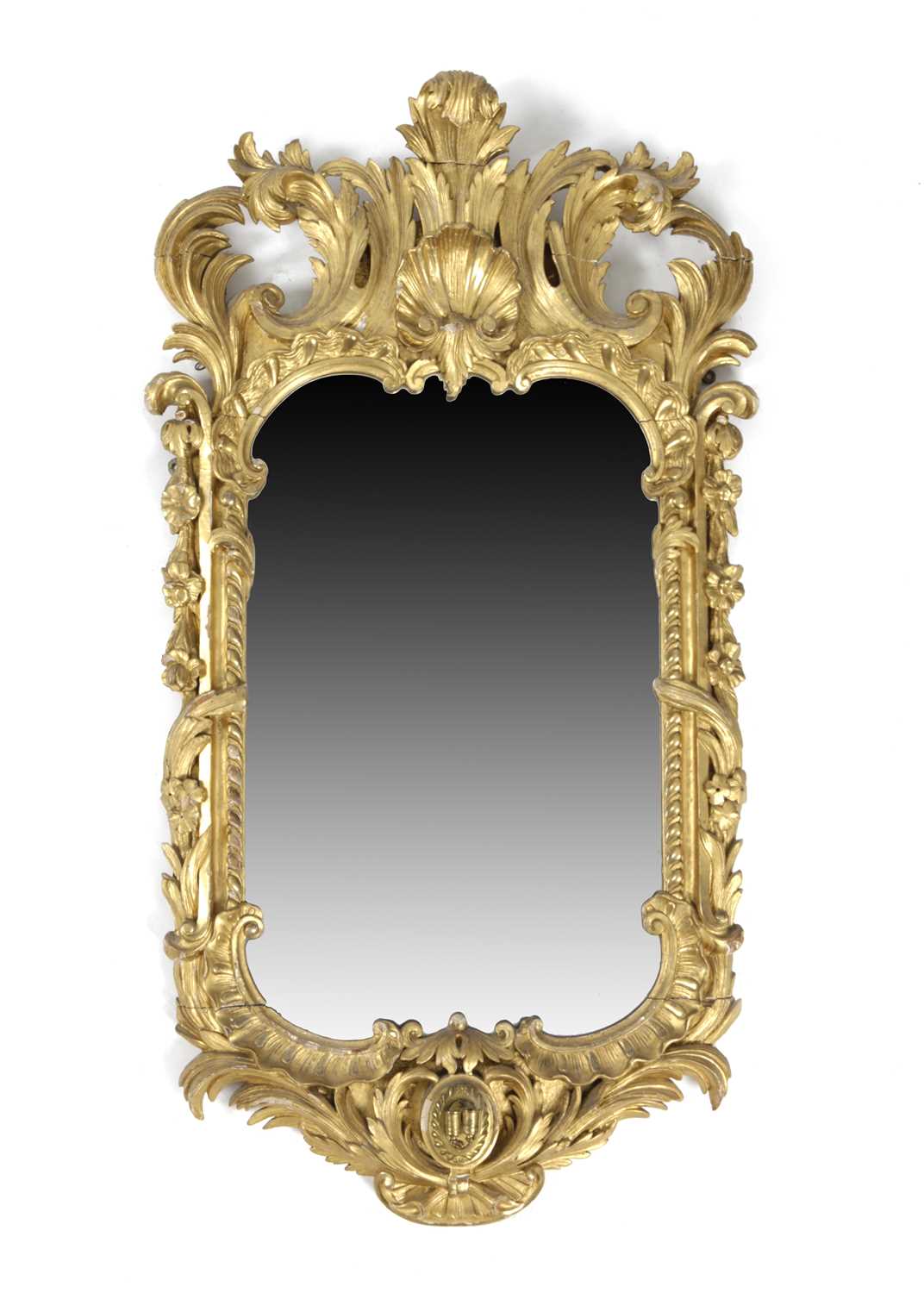 A GEORGE II SCOTTISH GILTWOOD GIRANDOLE WALL MIRROR C.1755 the later plate within a frame carved - Image 2 of 2