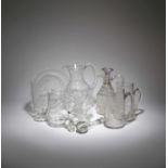 A COLLECTION OF GLASSWARE MAINLY 19TH CENTURY to include: an Irish glass tray or coaster, a pair